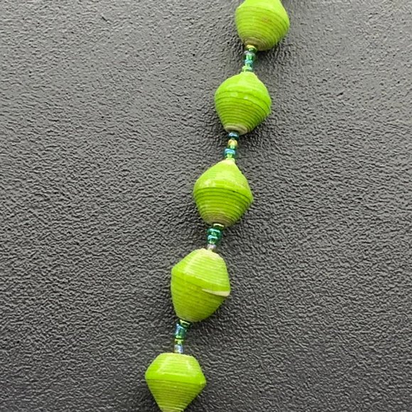 Green Rolled Paper Necklace Blue Iridescent Seed Bead - Picture 4 of 7